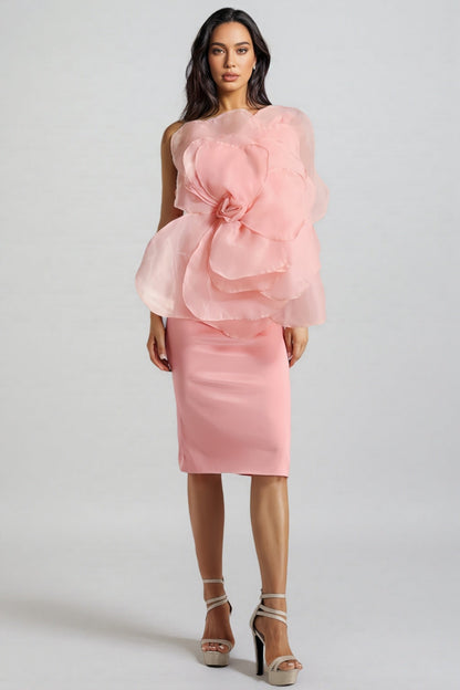 Alaya Slant Shoulder 3D Floral Midi Dress-Pink