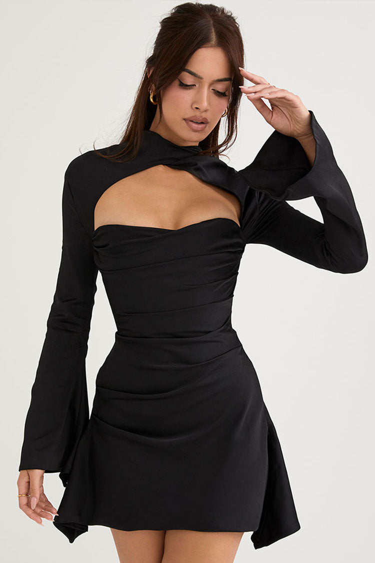 Satin Mock Neck Chest Cut Out Ruched Bell Sleeve Skater Mini Dress