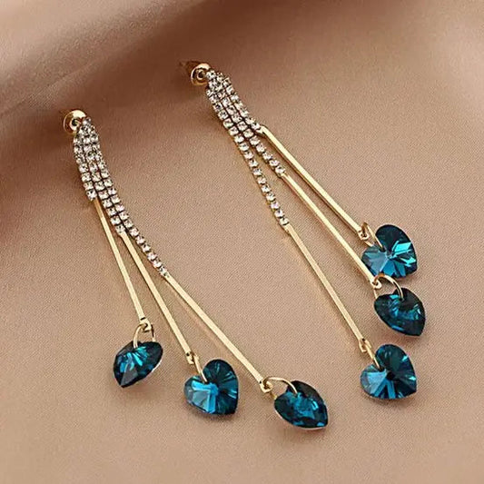 Drop Earrings | Crystal Heart Charms | Gold-Tone Chains