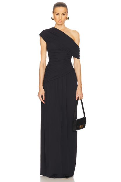 Gathering Solid One-Shoulder Maxi Dress