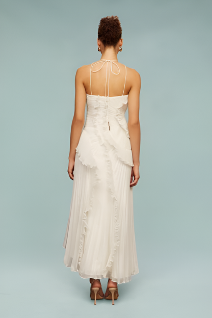 Pleated Frill Halter Neck Maxi Dress