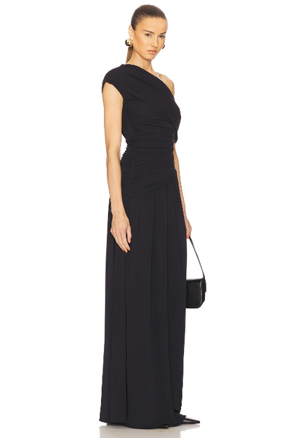 Gathering Solid One-Shoulder Maxi Dress