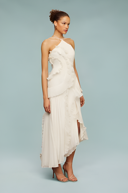 Pleated Frill Halter Neck Maxi Dress