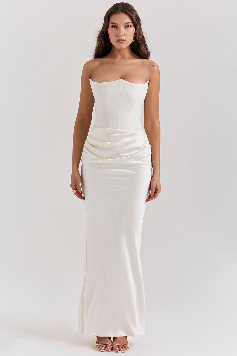 Strapless Pointed Sweetheart Corset Ruched Waist Column Maxi Gown