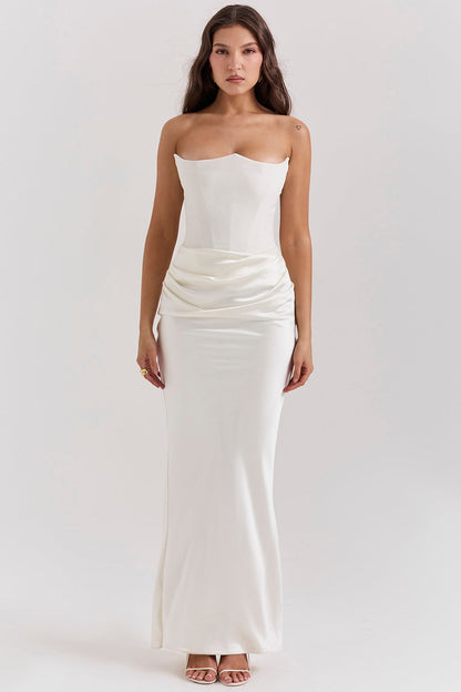 Strapless Corset Bustier Draped Ruched Waist Satin Column Maxi Gown