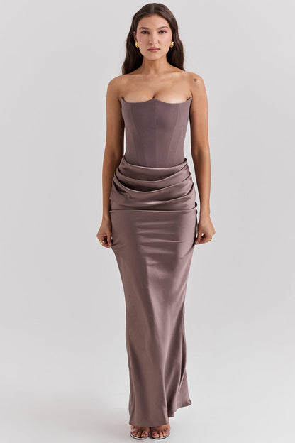 Strapless Pointed Sweetheart Corset Ruched Waist Column Maxi Gown