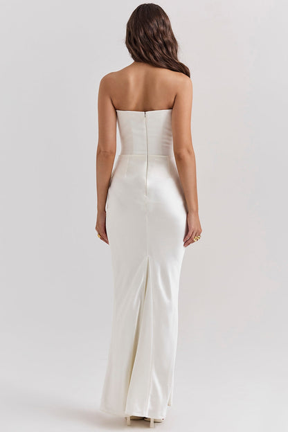 Strapless Pointed Sweetheart Corset Ruched Waist Column Maxi Gown