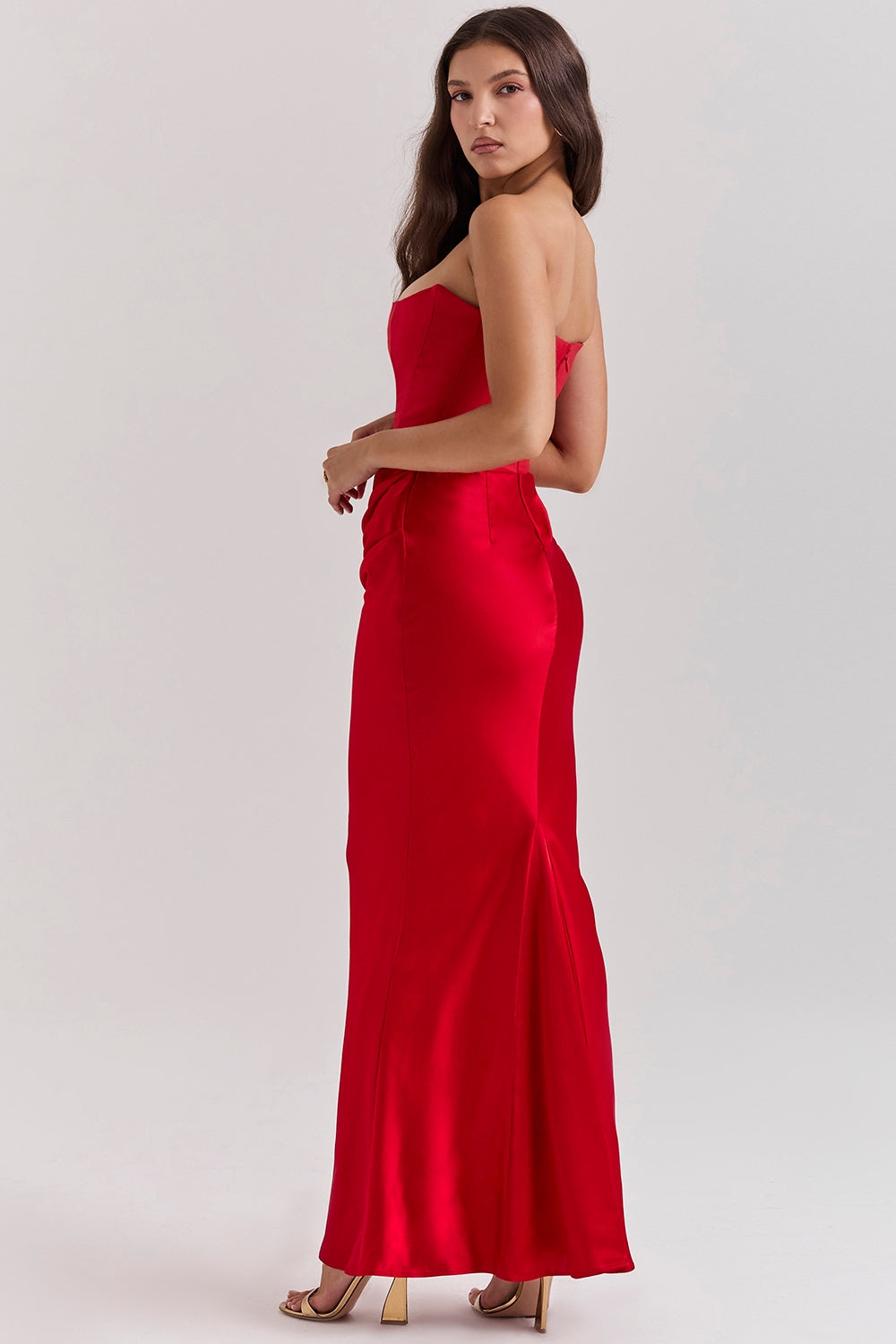 Strapless Corset Bustier Draped Ruched Waist Satin Column Maxi Gown