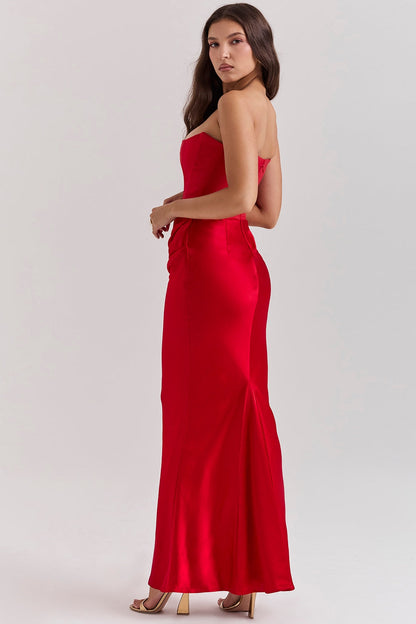 Strapless Corset Bustier Draped Ruched Waist Satin Column Maxi Gown