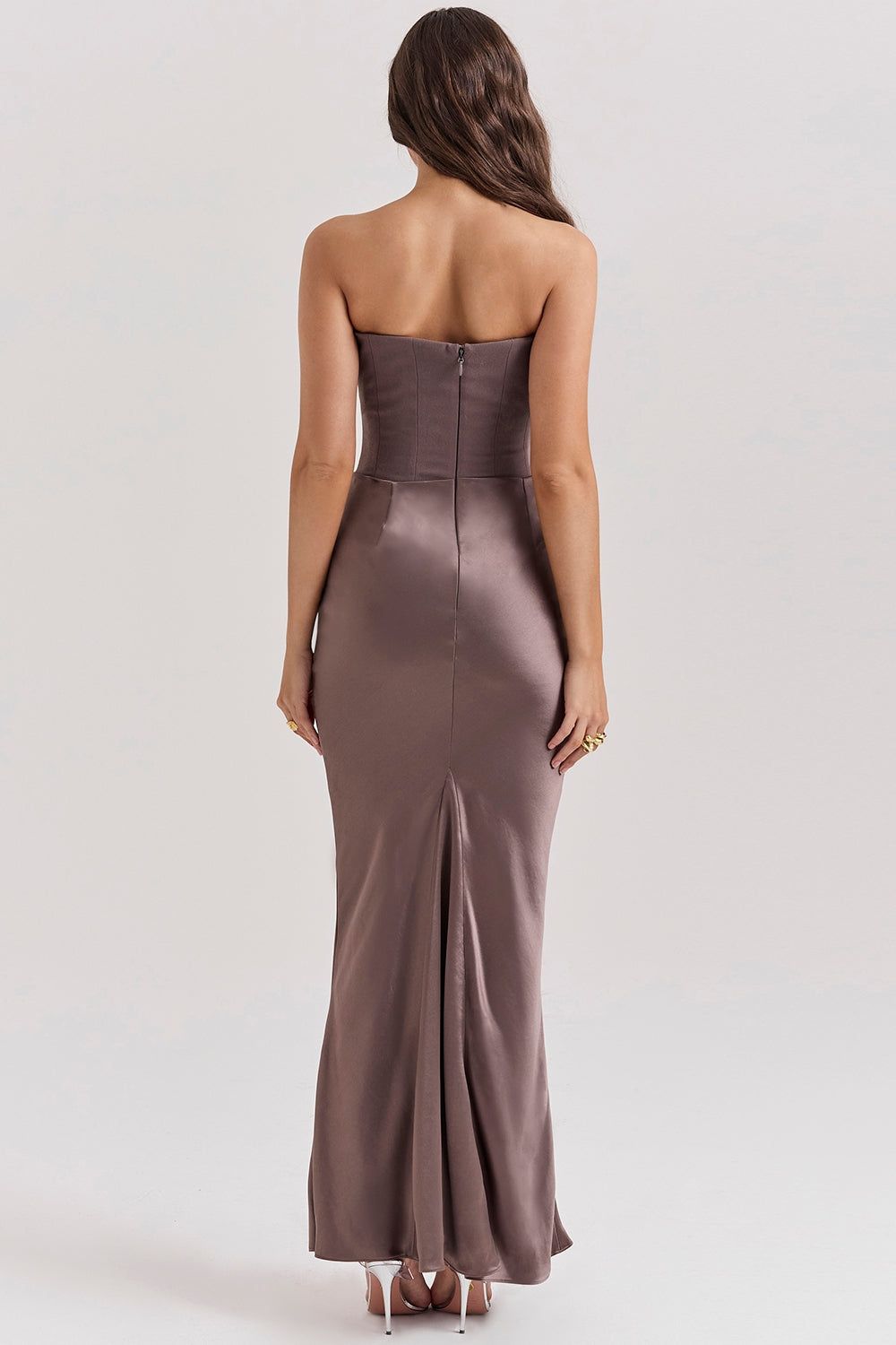 Strapless Pointed Sweetheart Corset Ruched Waist Column Maxi Gown
