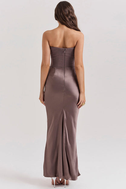 Strapless Pointed Sweetheart Corset Ruched Waist Column Maxi Gown