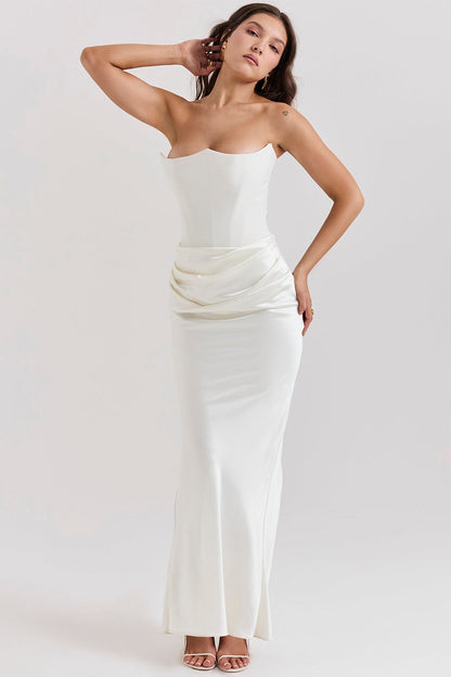 Strapless Corset Bustier Draped Ruched Waist Satin Column Maxi Gown