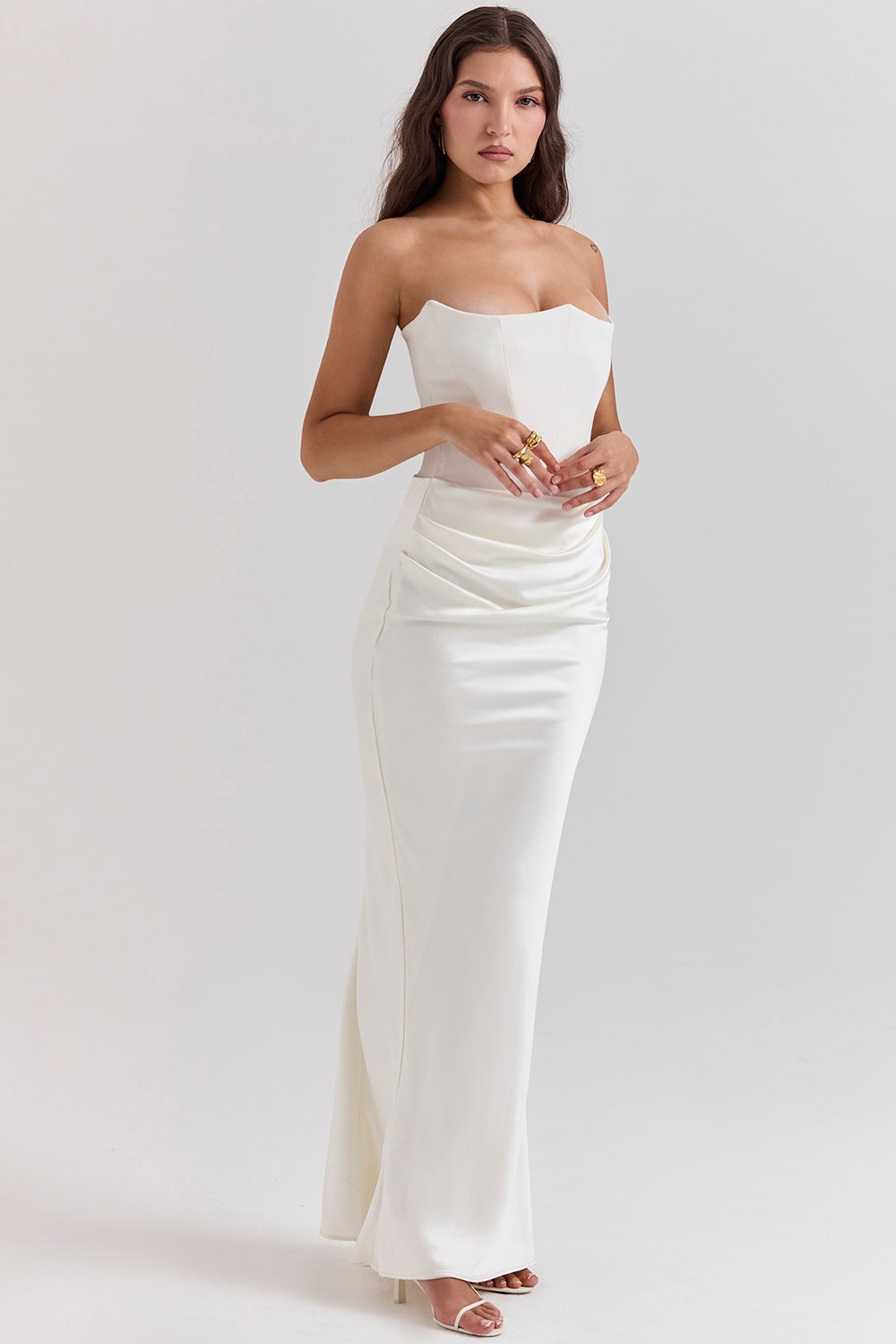 Strapless Corset Bustier Draped Ruched Waist Satin Column Maxi Gown