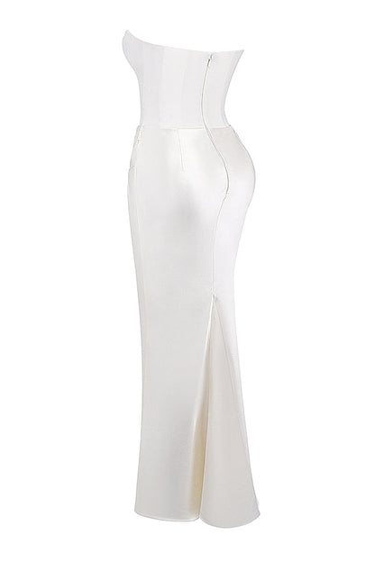 Strapless Corset Bustier Draped Ruched Waist Satin Column Maxi Gown