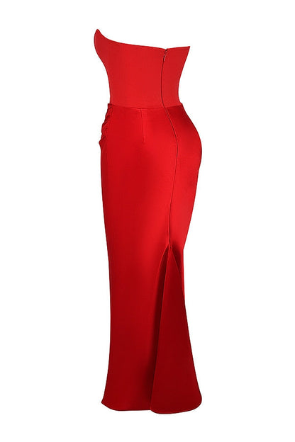 Strapless Corset Bustier Draped Ruched Waist Satin Column Maxi Gown