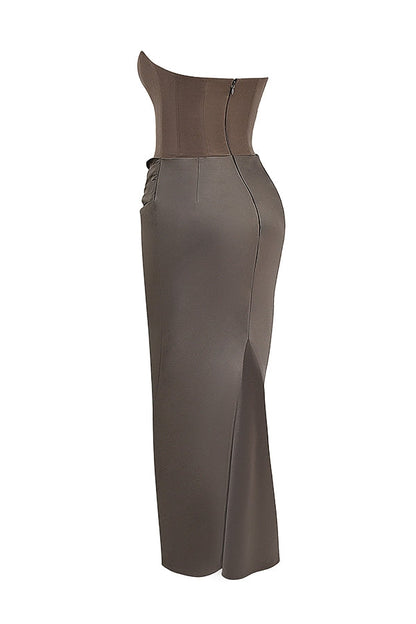 Strapless Corset Bustier Draped Ruched Waist Satin Column Maxi Gown
