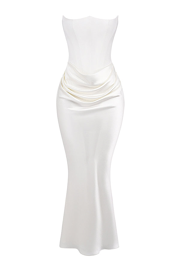 Strapless Corset Bustier Draped Ruched Waist Satin Column Maxi Gown