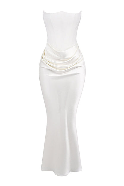 Strapless Corset Bustier Draped Ruched Waist Satin Column Maxi Gown