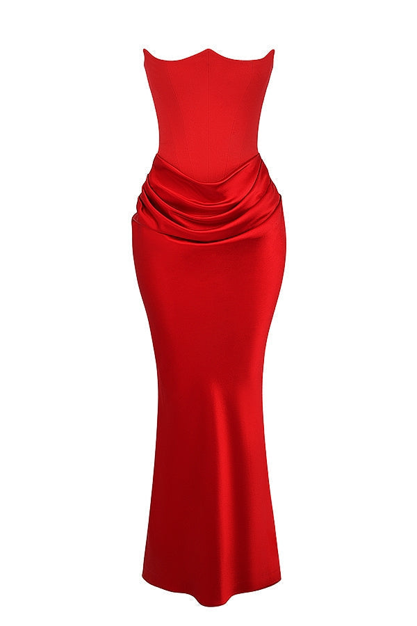 Strapless Corset Bustier Draped Ruched Waist Satin Column Maxi Gown