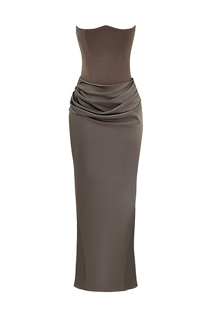Strapless Corset Bustier Draped Ruched Waist Satin Column Maxi Gown