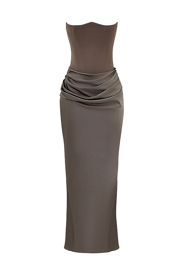 Strapless Pointed Sweetheart Corset Ruched Waist Column Maxi Gown
