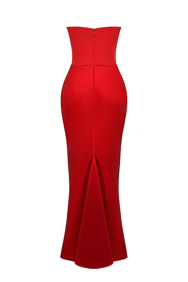 Strapless Pointed Sweetheart Corset Ruched Waist Column Maxi Gown