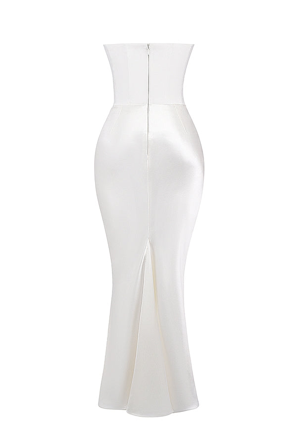 Strapless Corset Bustier Draped Ruched Waist Satin Column Maxi Gown