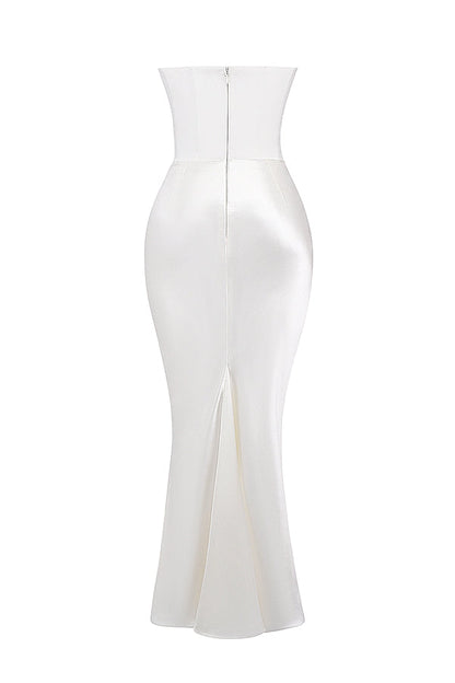 Strapless Pointed Sweetheart Corset Ruched Waist Column Maxi Gown