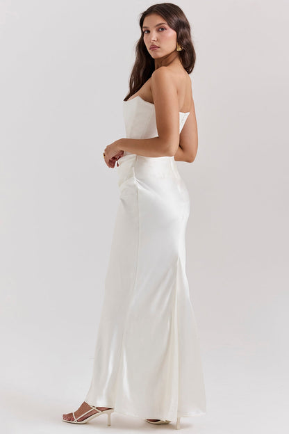Strapless Corset Bustier Draped Ruched Waist Satin Column Maxi Gown