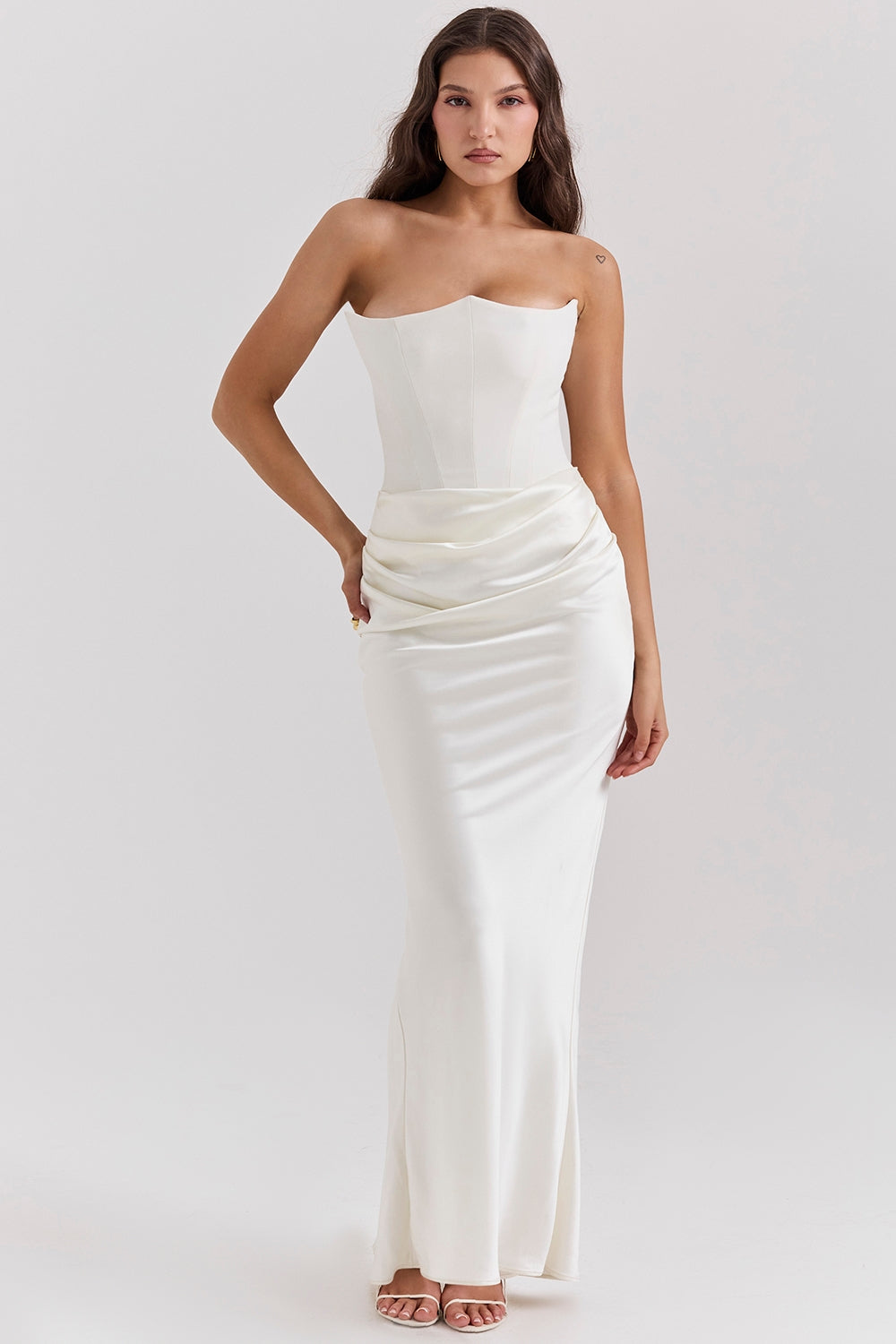 Strapless Corset Bustier Draped Ruched Waist Satin Column Maxi Gown
