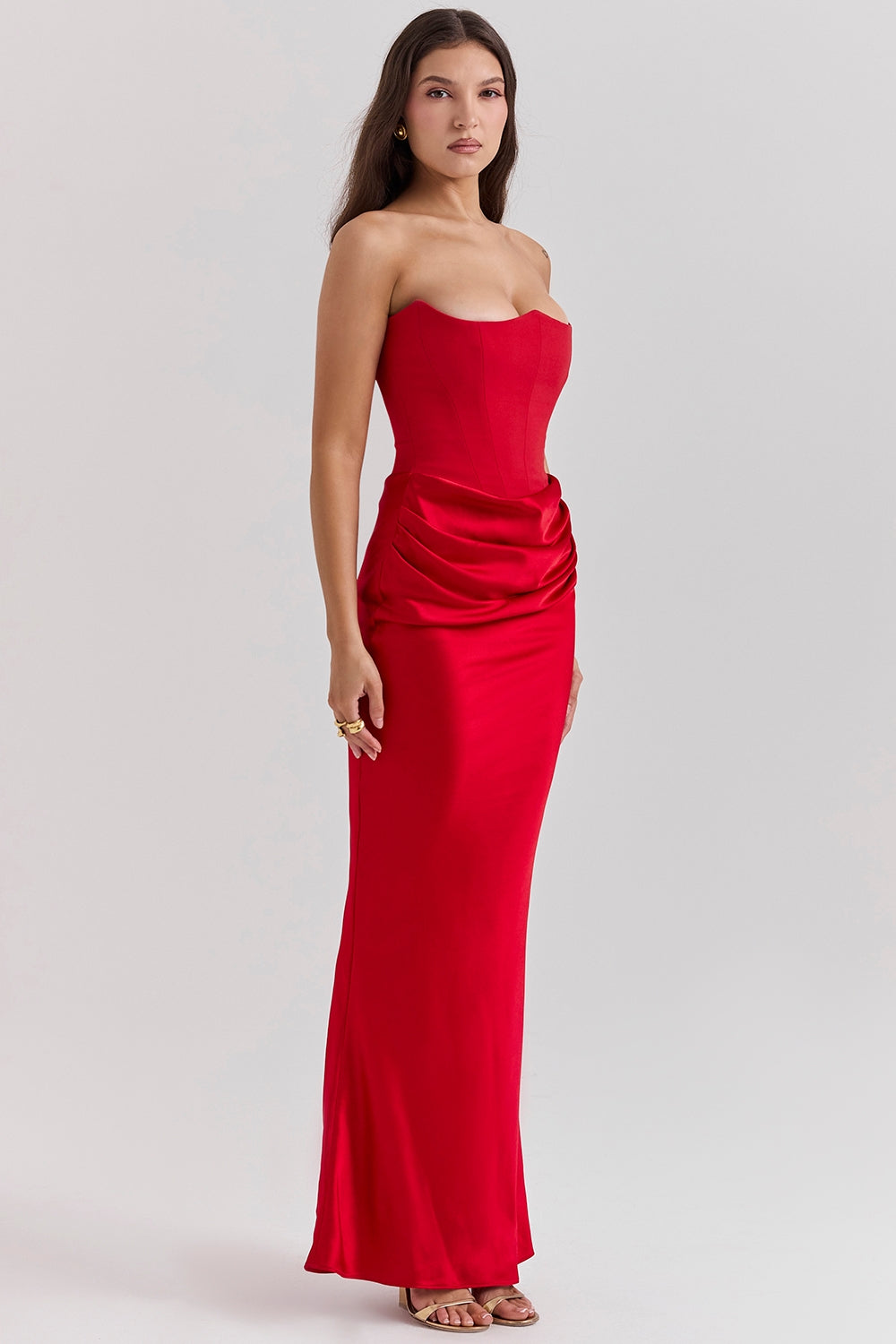 Strapless Corset Bustier Draped Ruched Waist Satin Column Maxi Gown