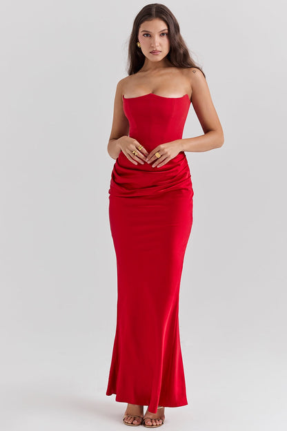 Strapless Pointed Sweetheart Corset Ruched Waist Column Maxi Gown