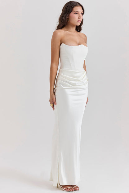 Strapless Pointed Sweetheart Corset Ruched Waist Column Maxi Gown