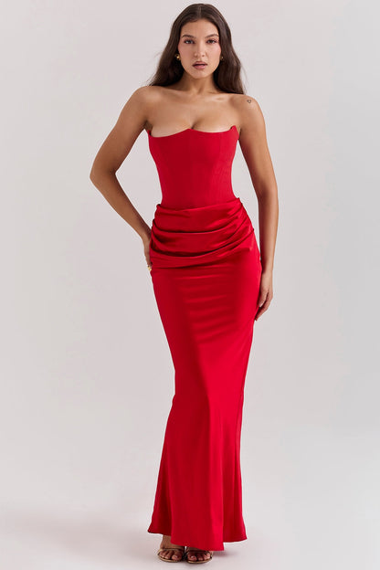 Strapless Pointed Sweetheart Corset Ruched Waist Column Maxi Gown