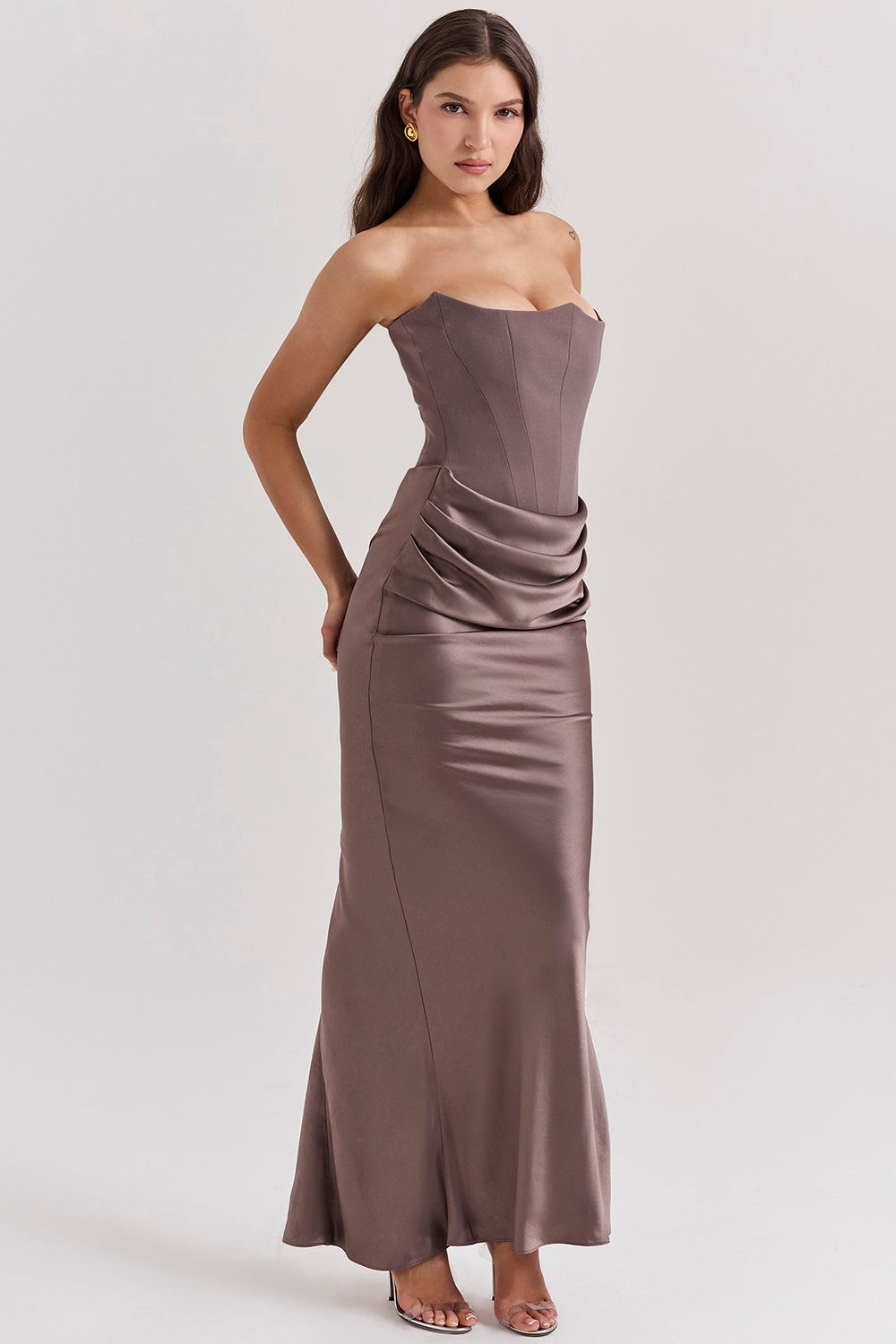 Strapless Pointed Sweetheart Corset Ruched Waist Column Maxi Gown