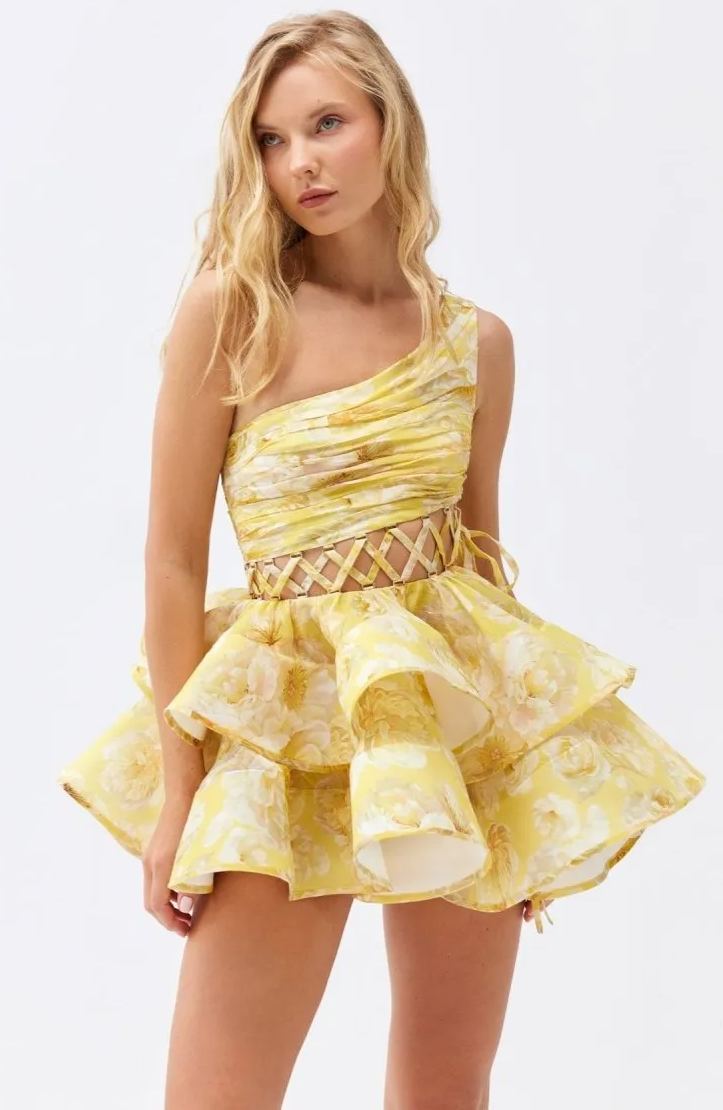 Large Floral Print Lace-Up Side Tie Tiered Ruffle Mini Dress