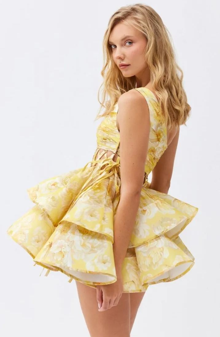 Large Floral Print Lace-Up Side Tie Tiered Ruffle Mini Dress