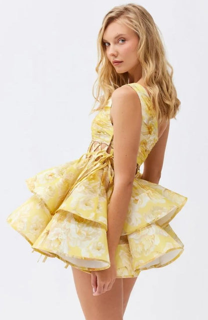 Large Floral Print Lace-Up Side Tie Tiered Ruffle Mini Dress
