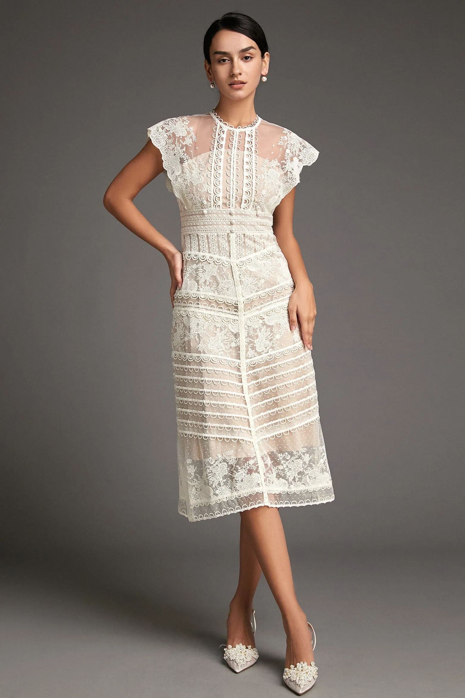 High Neck Lace Yoke Cap Sleeve Button Front Tiered Lace Midi Dress