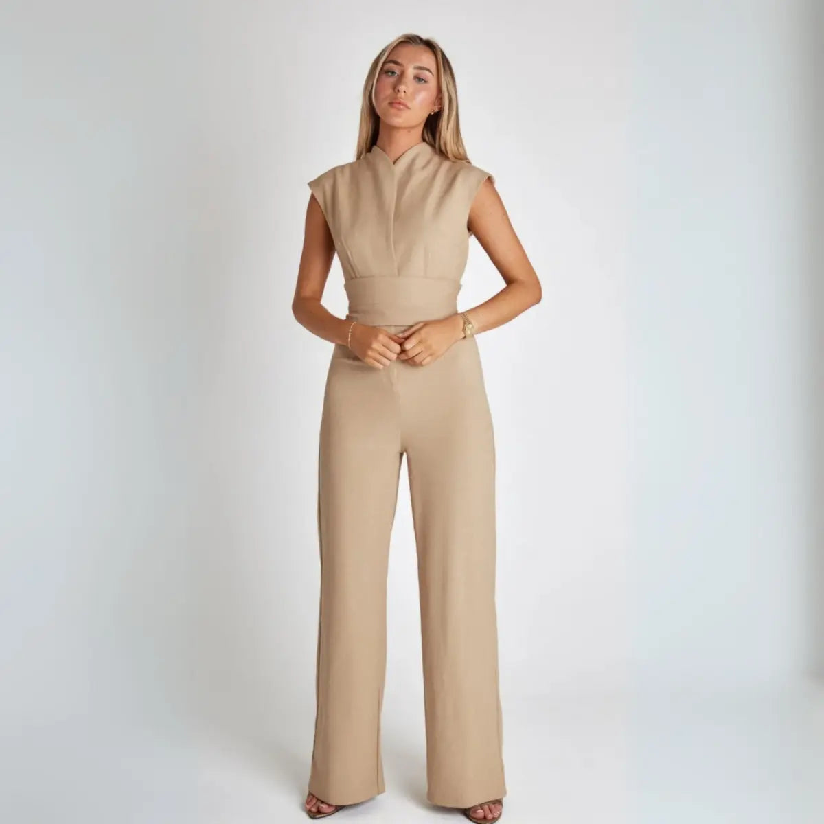 | Structured High-Waisted Sleeveless Jumpsuit, Beige