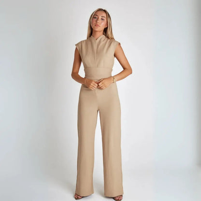 | Structured High-Waisted Sleeveless Jumpsuit, Beige