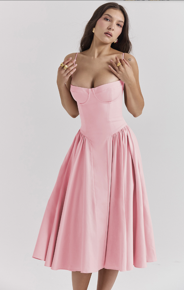 Corset Bustier Spaghetti Strap Basque Waist Pleated Midi Dress