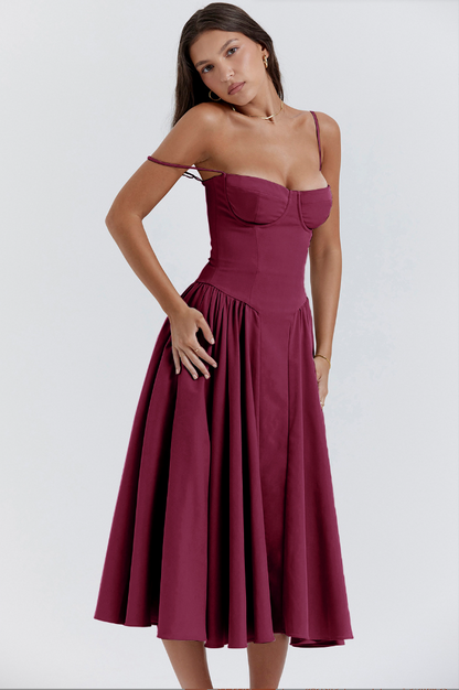 Corset Bustier Spaghetti Strap Basque Waist Pleated Midi Dress