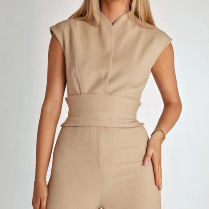 | Structured High-Waisted Sleeveless Jumpsuit, Beige