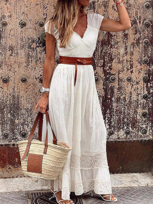 Eyelet Lace Panel Ruffle Cap Sleeve V-Neck Tiered Maxi Dress
