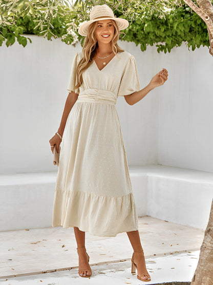 Swiss Dot Deep V-Neck Flutter Sleeve Smocked Waist Tiered Midi Dress