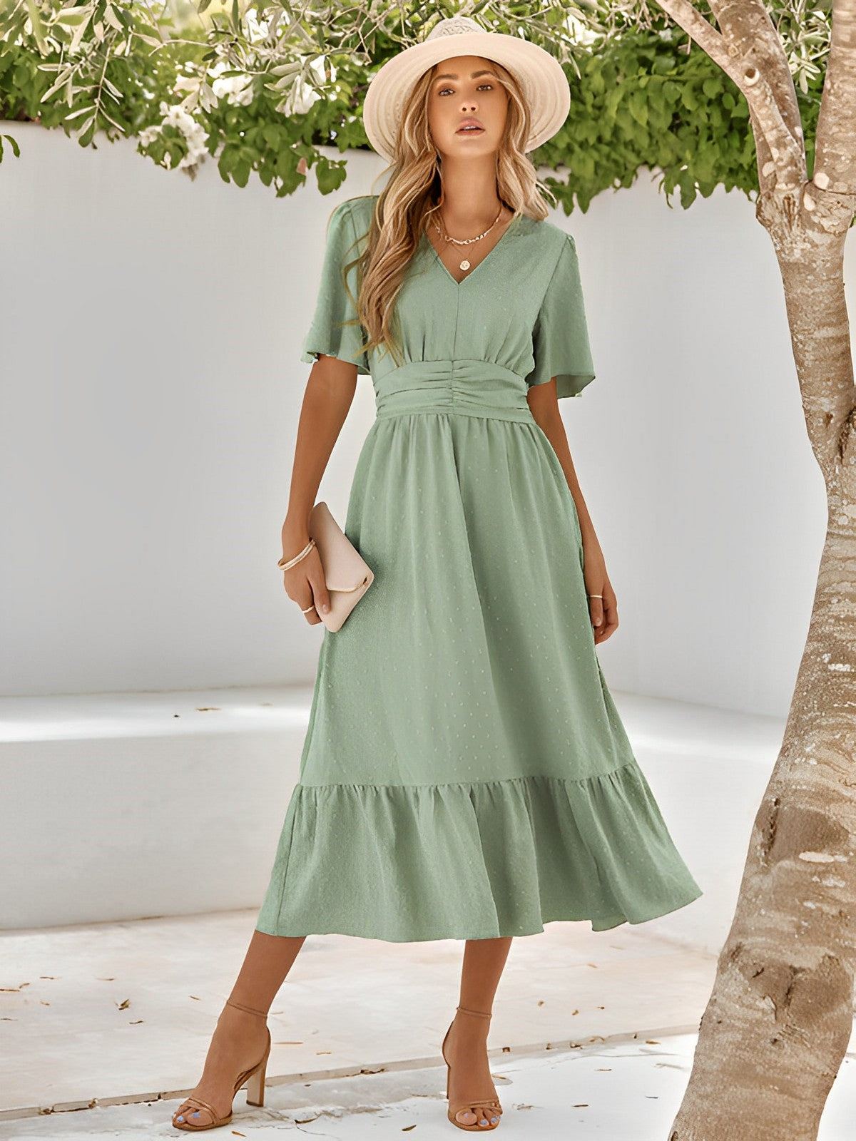 Swiss Dot Deep V-Neck Flutter Sleeve Smocked Waist Tiered Midi Dress