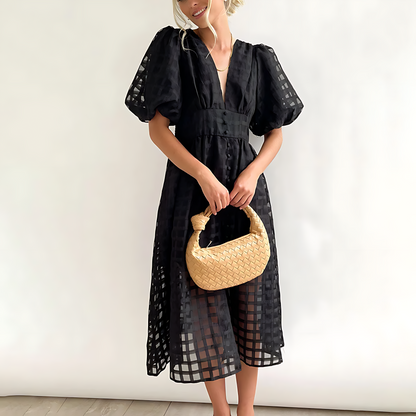 Plaid Check Deep V-Neck Puff Sleeve Button-Front A-Line Midi Dress