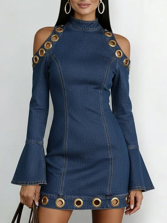 Women's Long-Sleeve Short Denim Dress – Ring Patterns Mini