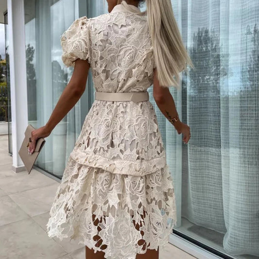 Floral Lace Puff Sleeve Belted Tiered Scallop Hem Mini Dress